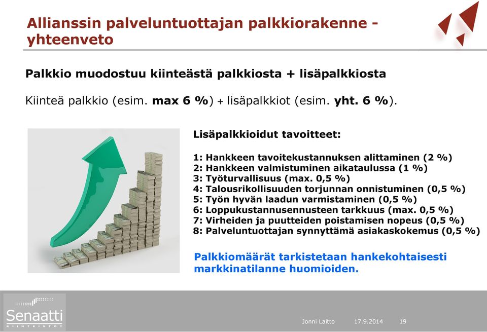 0,5 %) 4: Talousrikollisuuden torjunnan onnistuminen (0,5 %) 5: Työn hyvän laadun varmistaminen (0,5 %) 6: Loppukustannusennusteen tarkkuus (max.