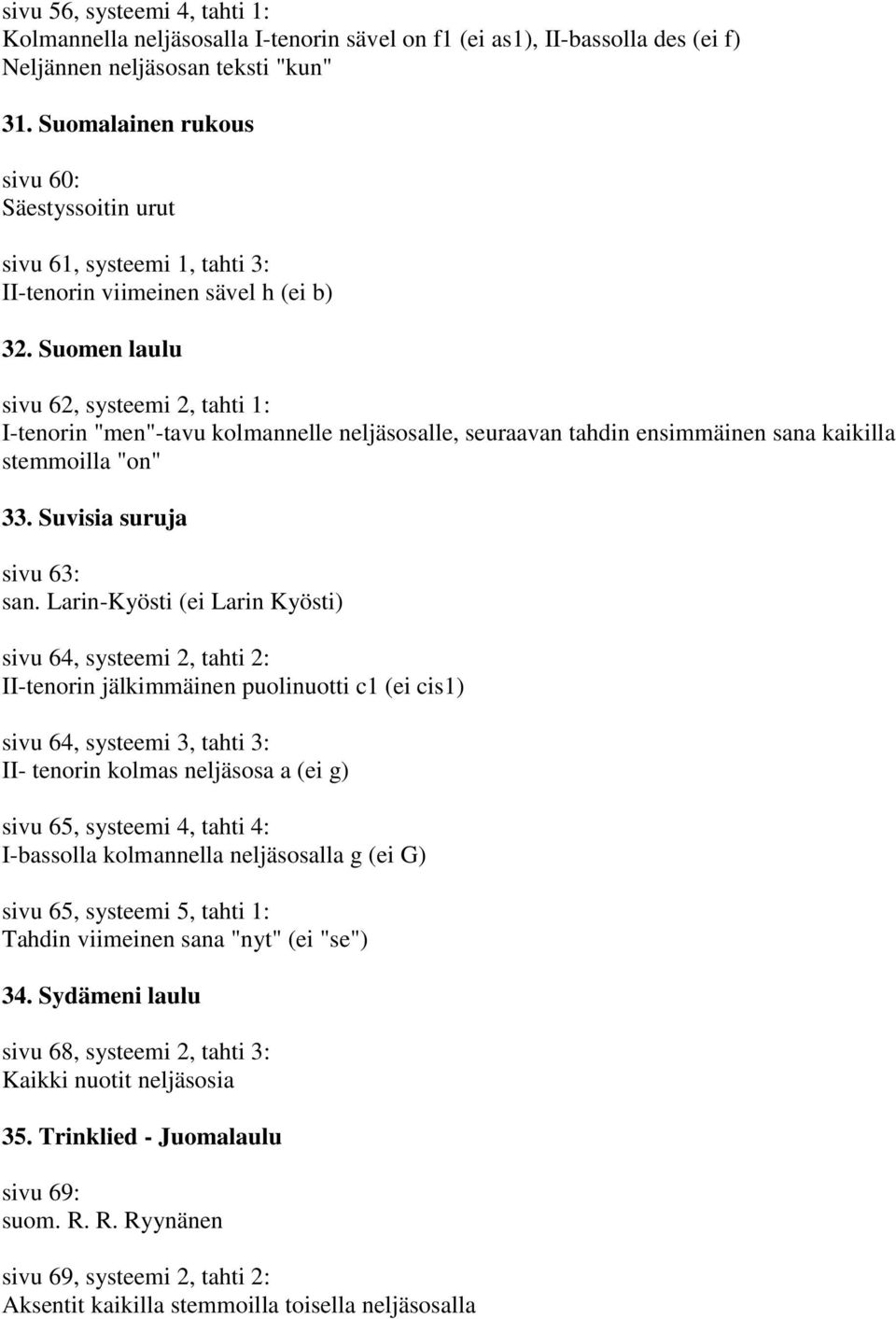 Suomen laulu sivu 62, systeemi 2, tahti 1: I-tenorin "men"-tavu kolmannelle neljäsosalle, seuraavan tahdin ensimmäinen sana kaikilla stemmoilla "on" 33.