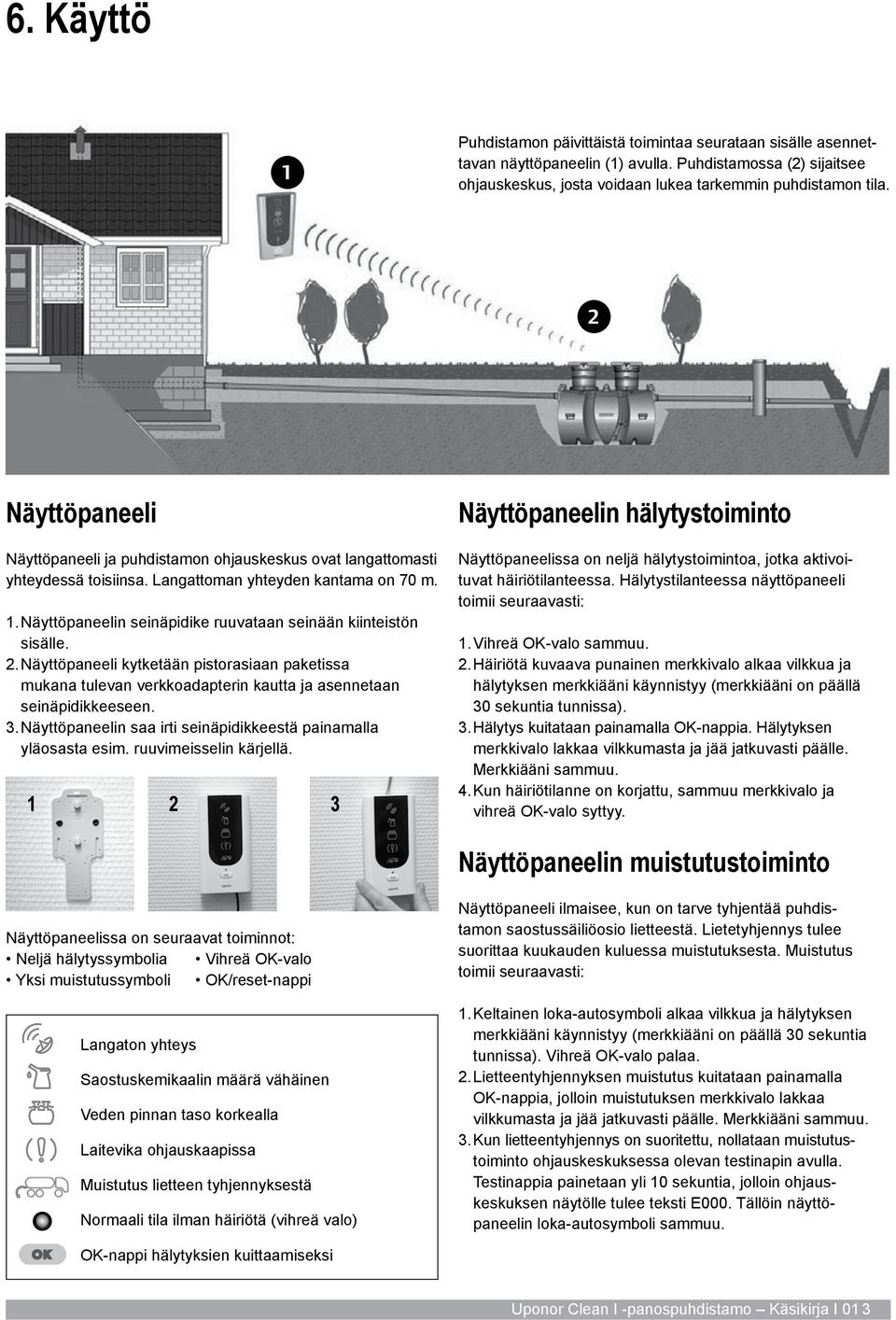 Näyttöpaneelin seinäpidike ruuvataan seinään kiinteistön sisälle. 2. Näyttöpaneeli kytketään pistorasiaan paketissa mukana tulevan verkkoadapterin kautta ja asennetaan seinäpidikkeeseen. 3.