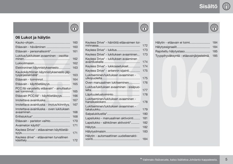 .. 165 PCC:llä varustettu etäavain* - ainutlaatuiset toiminnot... 165 Etäavain PCC:llä* - käyttöetäisyys... 166 Irrotettava avainliuska... 167 Irrotettava avainliuska - irrotus/kiinnitys.