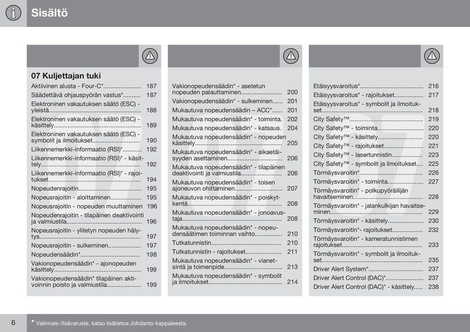 .. 192 Liikennemerkki-informaatio (RSI)* - käsittely... 192 Liikennemerkki-informaatio (RSI)* - rajoitukset... 194 Nopeudenrajoitin... 195 Nopeusrajoitin - aloittaminen.