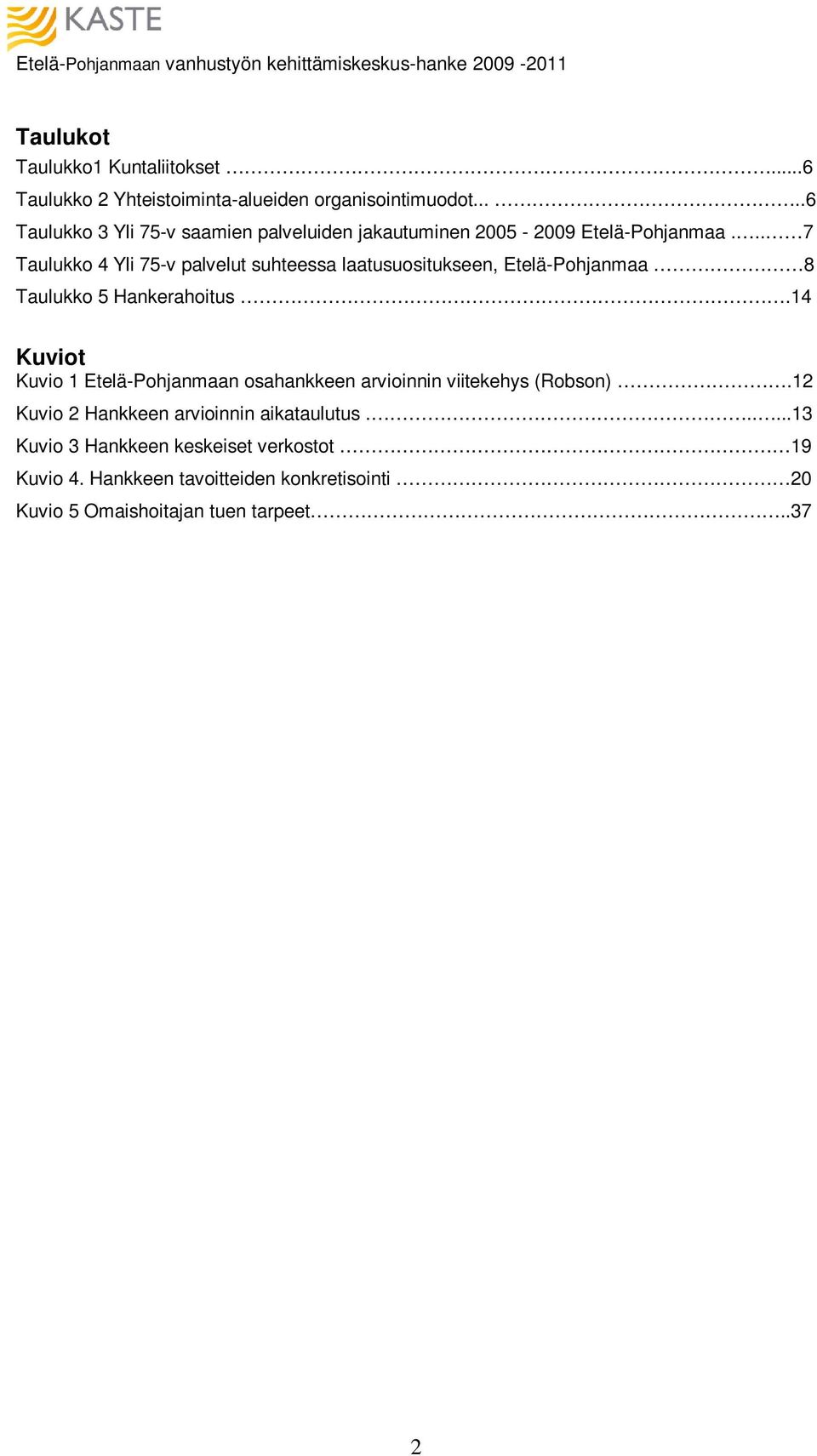 .. 7 Taulukko 4 Yli 75-v palvelut suhteessa laatusuositukseen, Etelä-Pohjanmaa 8 Taulukko 5 Hankerahoitus.