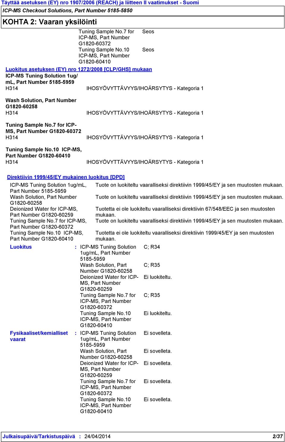 [DPD] 1ug/mL, Part Number Number G1820-60258 MS, Part Number ICP-MS, Part Number ICP-MS, Part Number Luokitus Fysikaaliset/kemialliset vaarat Tuote on luokiteltu vaaralliseksi direktiivin 1999/45/EY