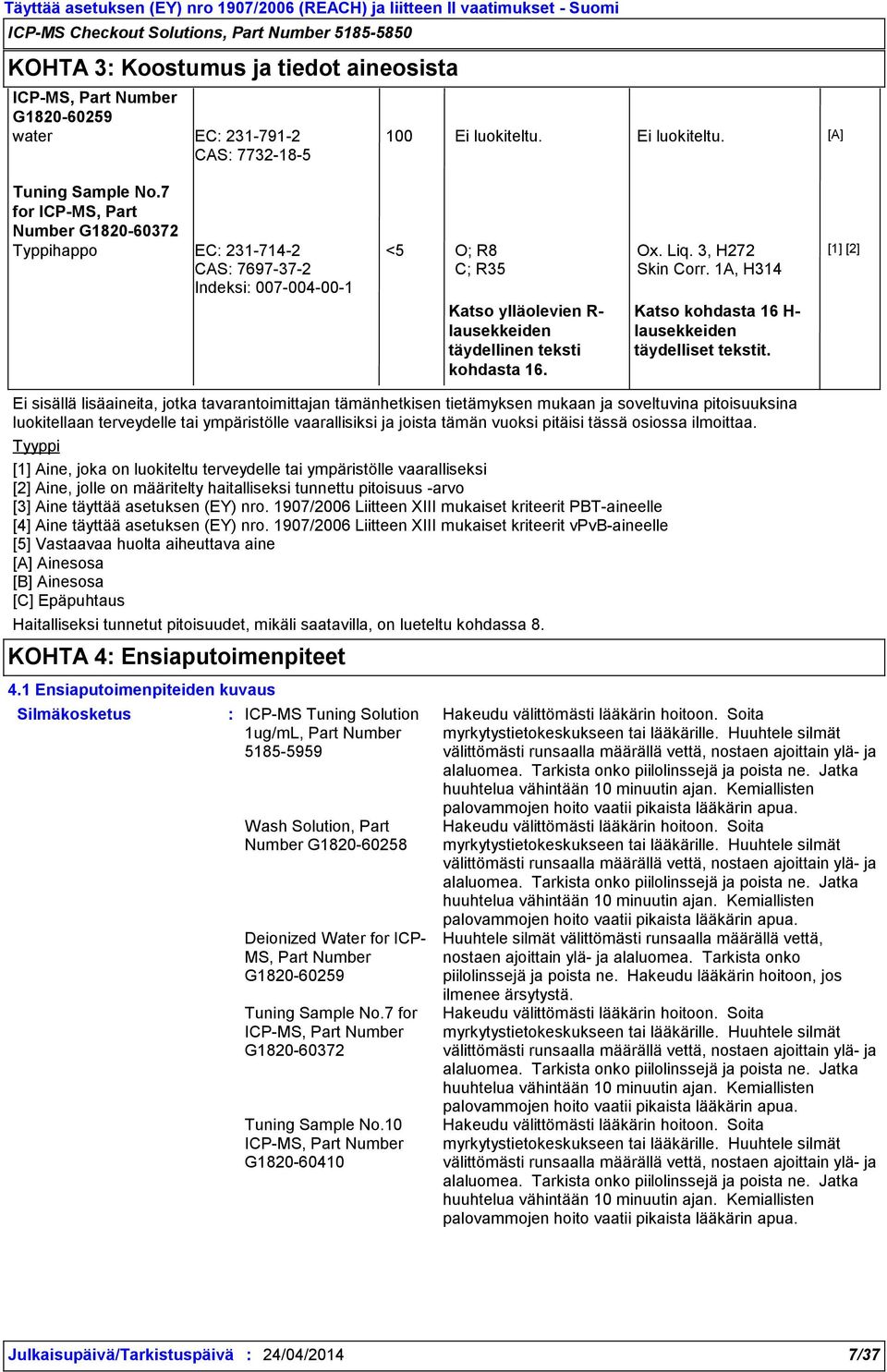 1A, H314 Katso kohdasta 16 H- lausekkeiden täydelliset tekstit.