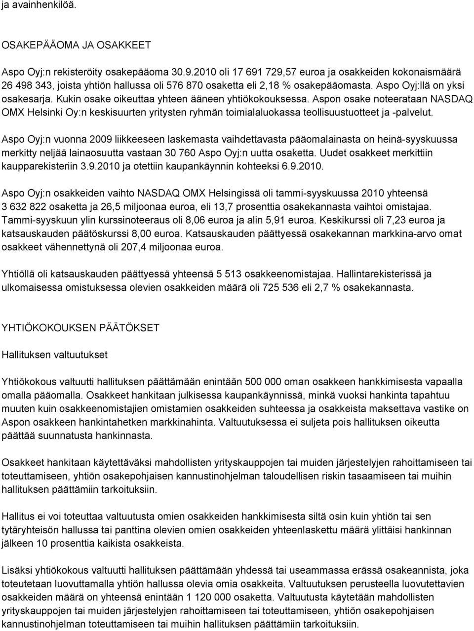 Kukin osake oikeuttaa yhteen ääneen yhtiökokouksessa. Aspon osake noteerataan NASDAQ OMX Helsinki Oy:n keskisuurten yritysten ryhmän toimialaluokassa teollisuustuotteet ja -palvelut.