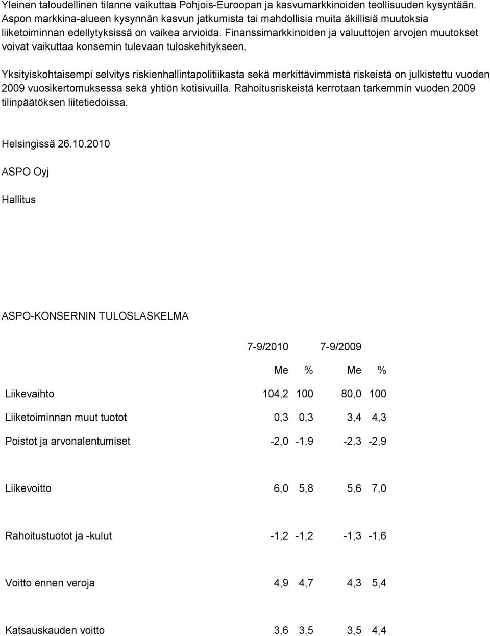 Finanssimarkkinoiden ja valuuttojen arvojen muutokset voivat vaikuttaa konsernin tulevaan tuloskehitykseen.