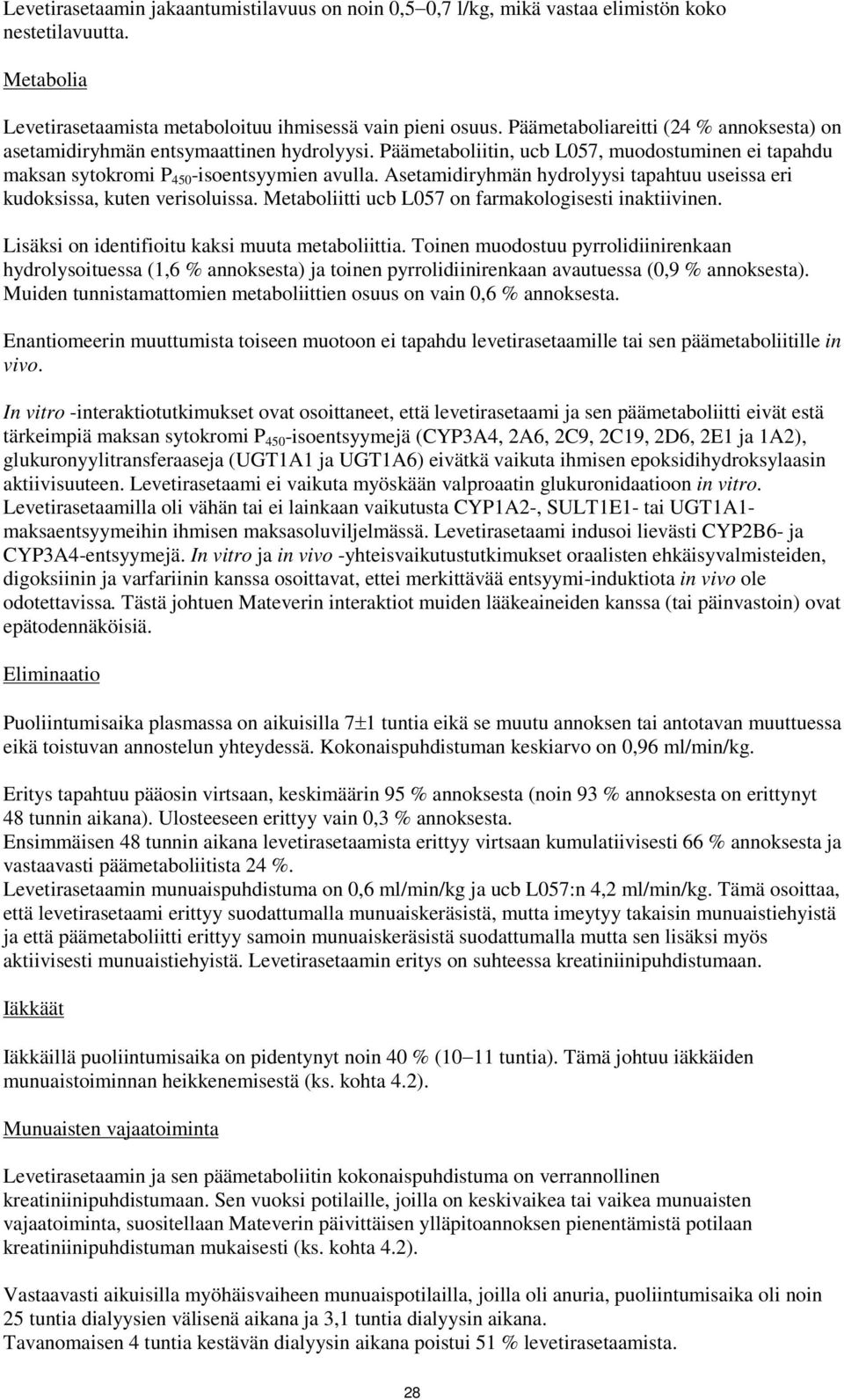 Asetamidiryhmän hydrolyysi tapahtuu useissa eri kudoksissa, kuten verisoluissa. Metaboliitti ucb L057 on farmakologisesti inaktiivinen. Lisäksi on identifioitu kaksi muuta metaboliittia.