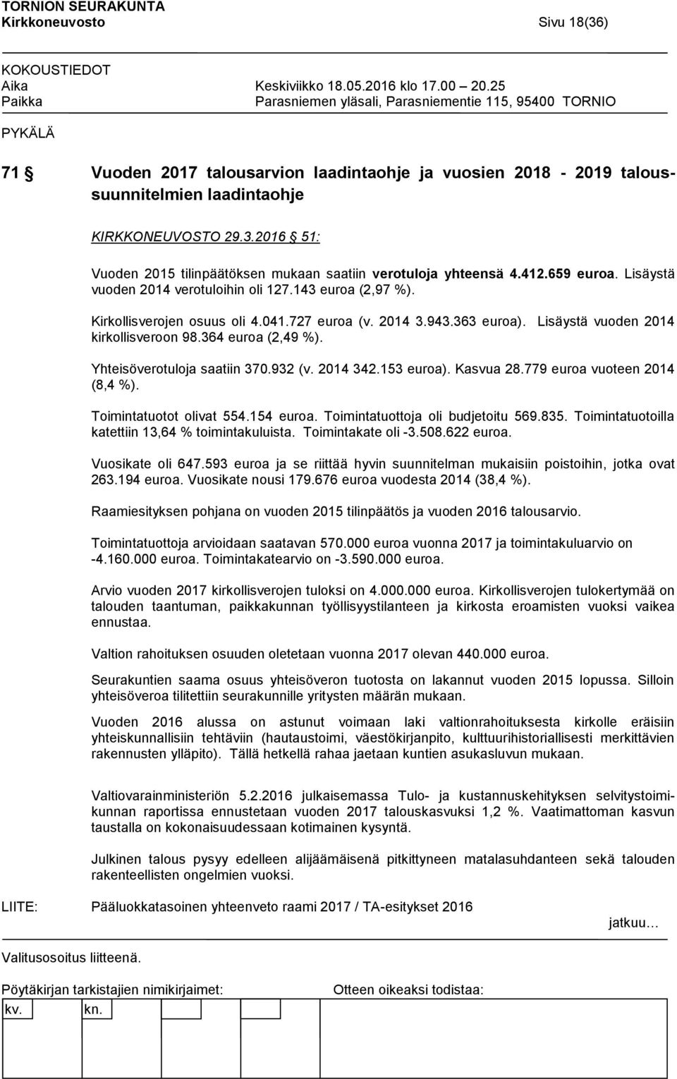 364 euroa (2,49 %). Yhteisöverotuloja saatiin 370.932 (v. 2014 342.153 euroa). Kasvua 28.779 euroa vuoteen 2014 (8,4 %). Toimintatuotot olivat 554.154 euroa. Toimintatuottoja oli budjetoitu 569.835.