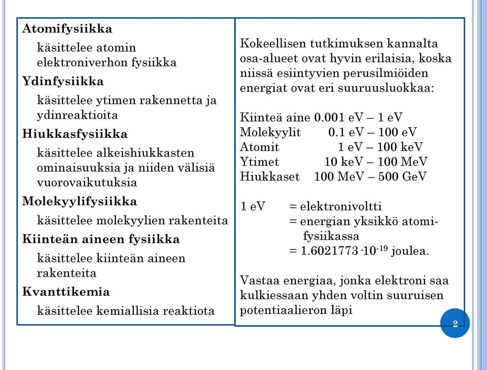 tutkimuksen kannalta osa-alueet ovat hyvin erilaisia, koska niissä esiintyvien perusilmiöiden energiat ovat eri suuruusluokkaa: Kiinteä aine 0.001 ev 1 ev Molekyylit 0.