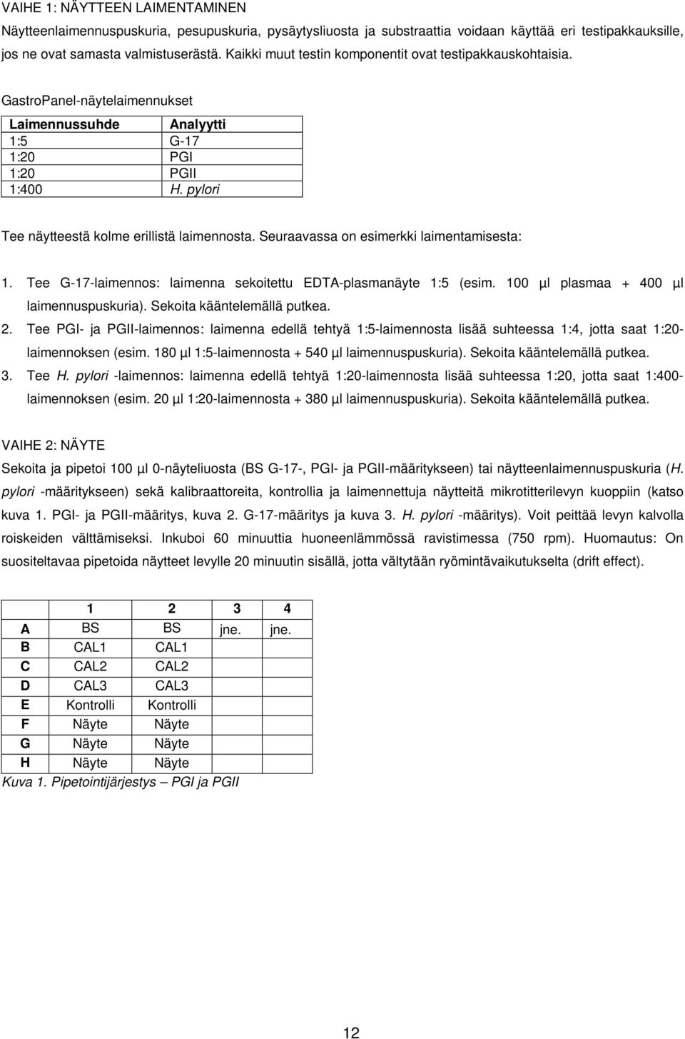 pylori Tee näytteestä kolme erillistä laimennosta. Seuraavassa on esimerkki laimentamisesta: 1. Tee G-17-laimennos: laimenna sekoitettu EDTA-plasmanäyte 1:5 (esim.