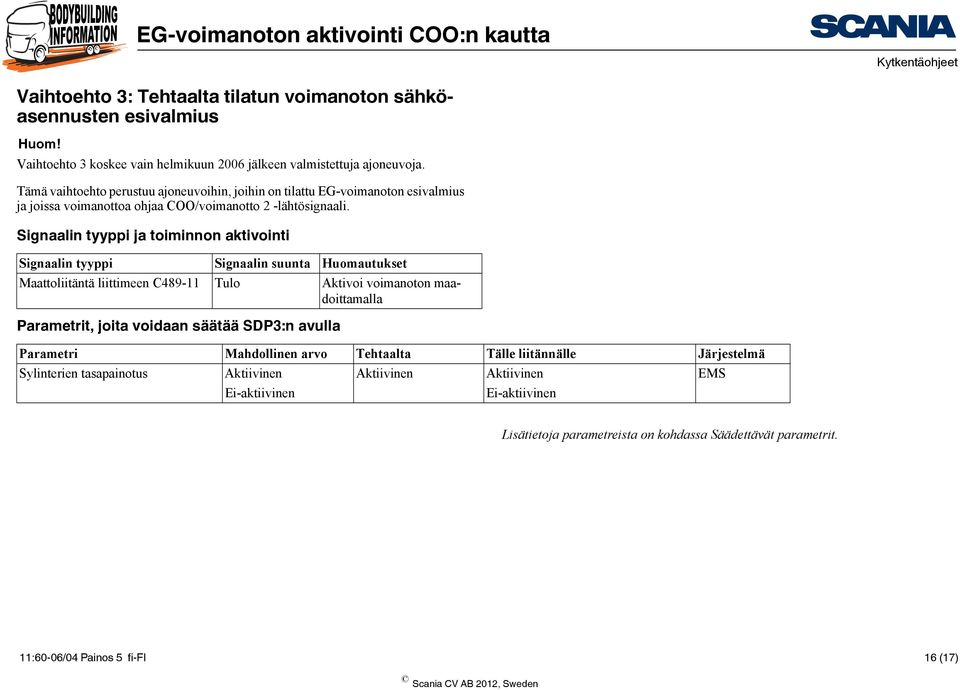 Signaalin tyyppi ja toiminnon aktivointi Signaalin tyyppi Signaalin suunta Huomautukset Maattoliitäntä liittimeen C489-11 Tulo Aktivoi voimanoton maadoittamalla Parametrit, joita voidaan