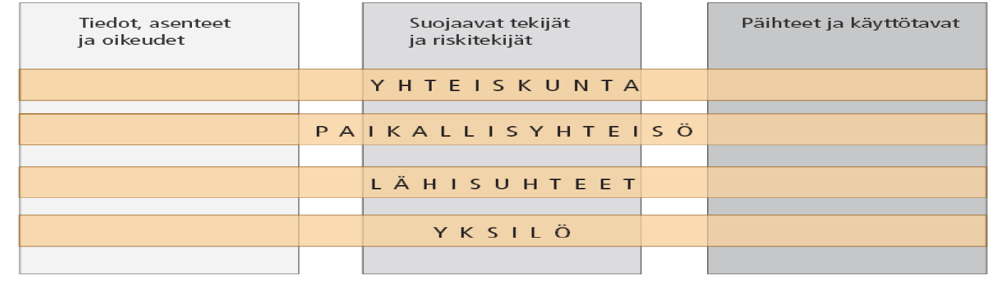 Kuvio 1. Ehkäisevän päihdetyön vaikuttamiskohteet ja toteutustasot (Soikkeli & Warsell, 2013.