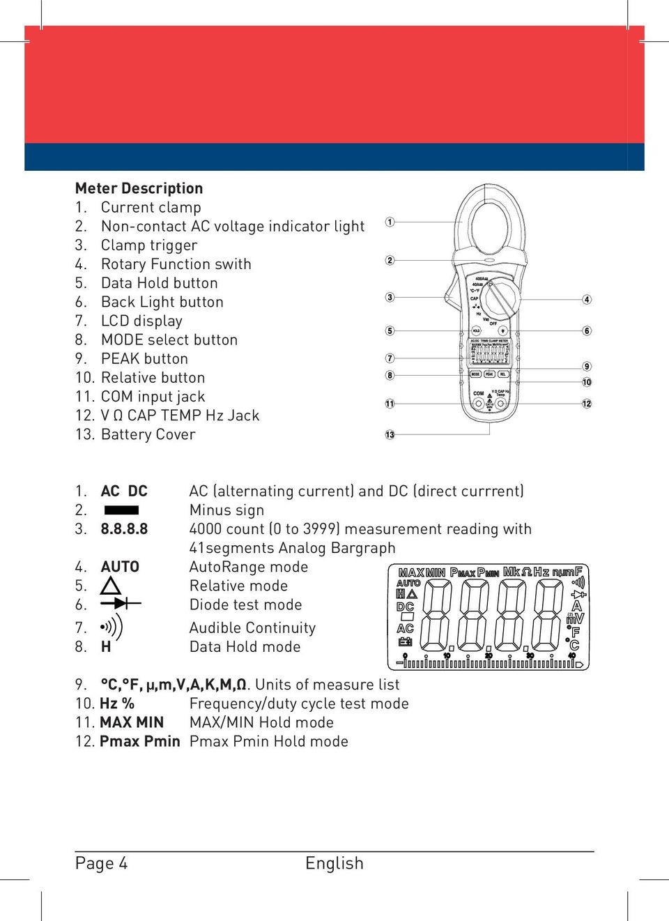 Minus sign 3. 8.8.8.8 4000 count (0 to 3999) measurement reading with 41segments Analog Bargraph 4. AUTO AutoRange mode 5. Relative mode 6. Diode test mode 7. Audible Continuity 8.