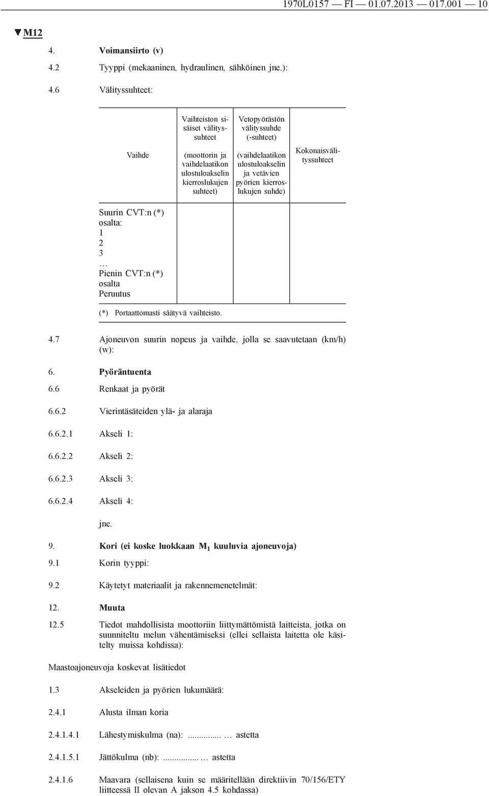 Vetopyörästön välityssuhde (-suhteet) (vaihdelaatikon ulostuloakselin ja vetävien pyörien kierroslukujen suhde) Kokonaisvälityssuhteet (*) Portaattomasti säätyvä vaihteisto. 4.