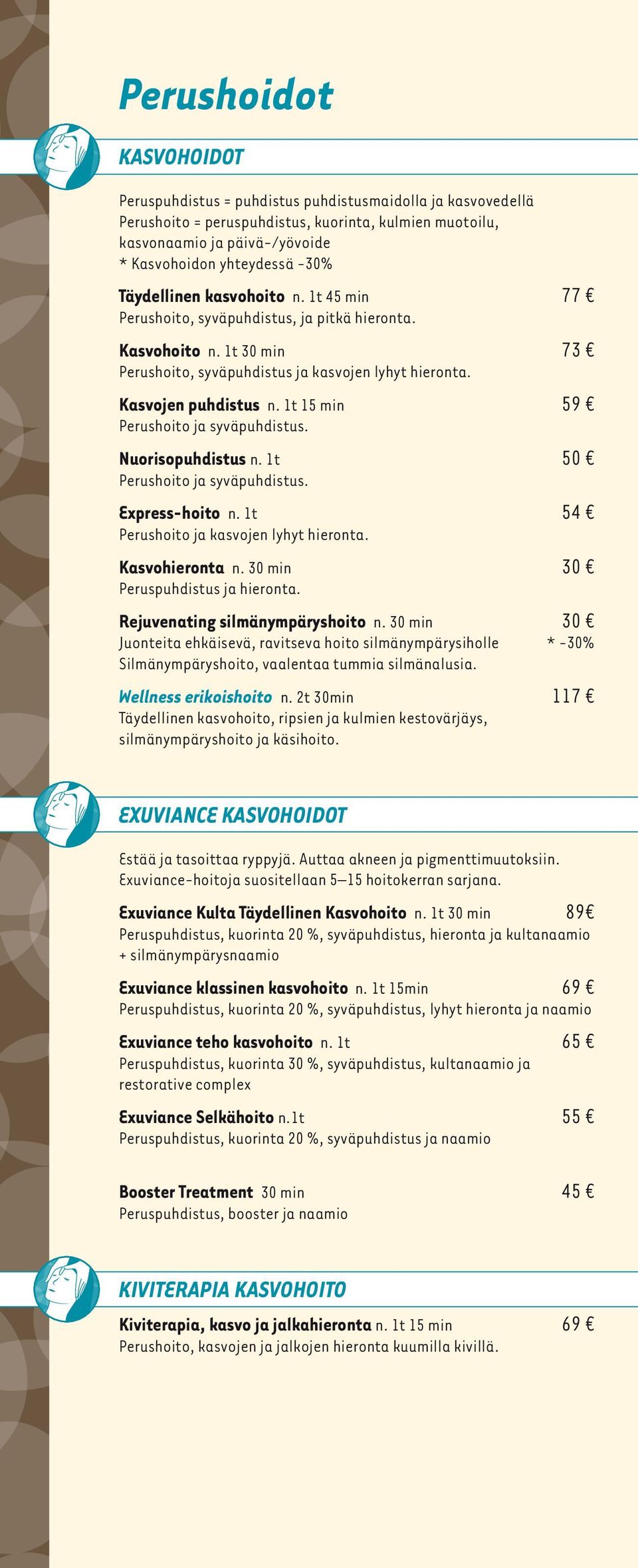 1t 15 min 59 Perushoito ja syväpuhdistus. Nuorisopuhdistus n. 1t 50 Perushoito ja syväpuhdistus. Express-hoito n. 1t 54 Perushoito ja kasvojen lyhyt hieronta. Kasvohieronta n.