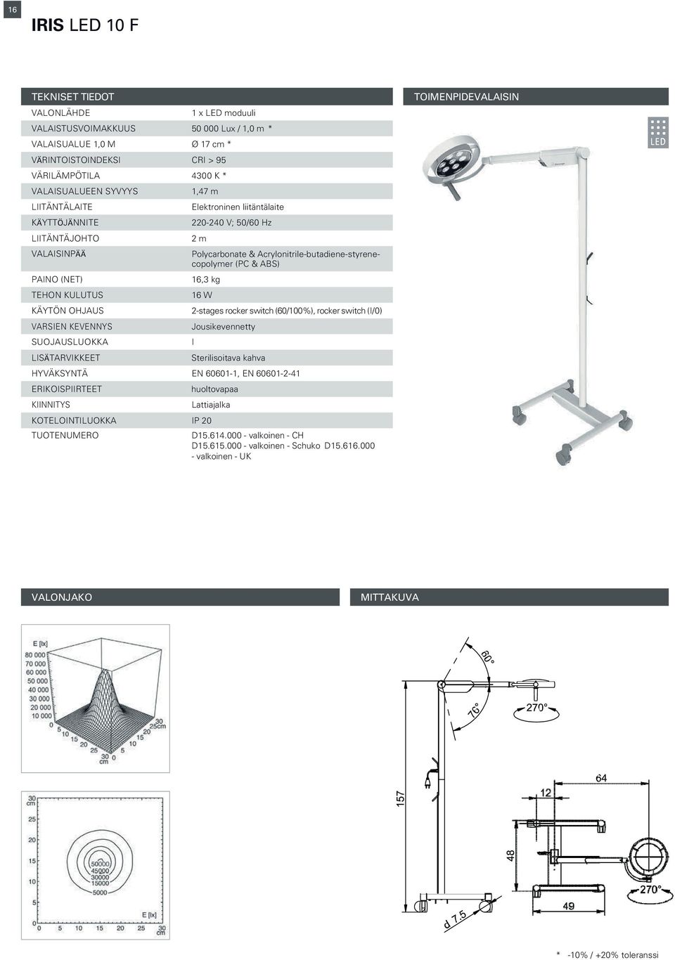 HYVÄKSYNTÄ EN 60601-1, EN 60601-2-41 1,47 m I Lattiajalka KOTELOINTILUOKKA IP 20 220-240 V; 50/60 Hz Polycarbonate & Acrylonitrile-butadiene-styrenecopolymer (PC