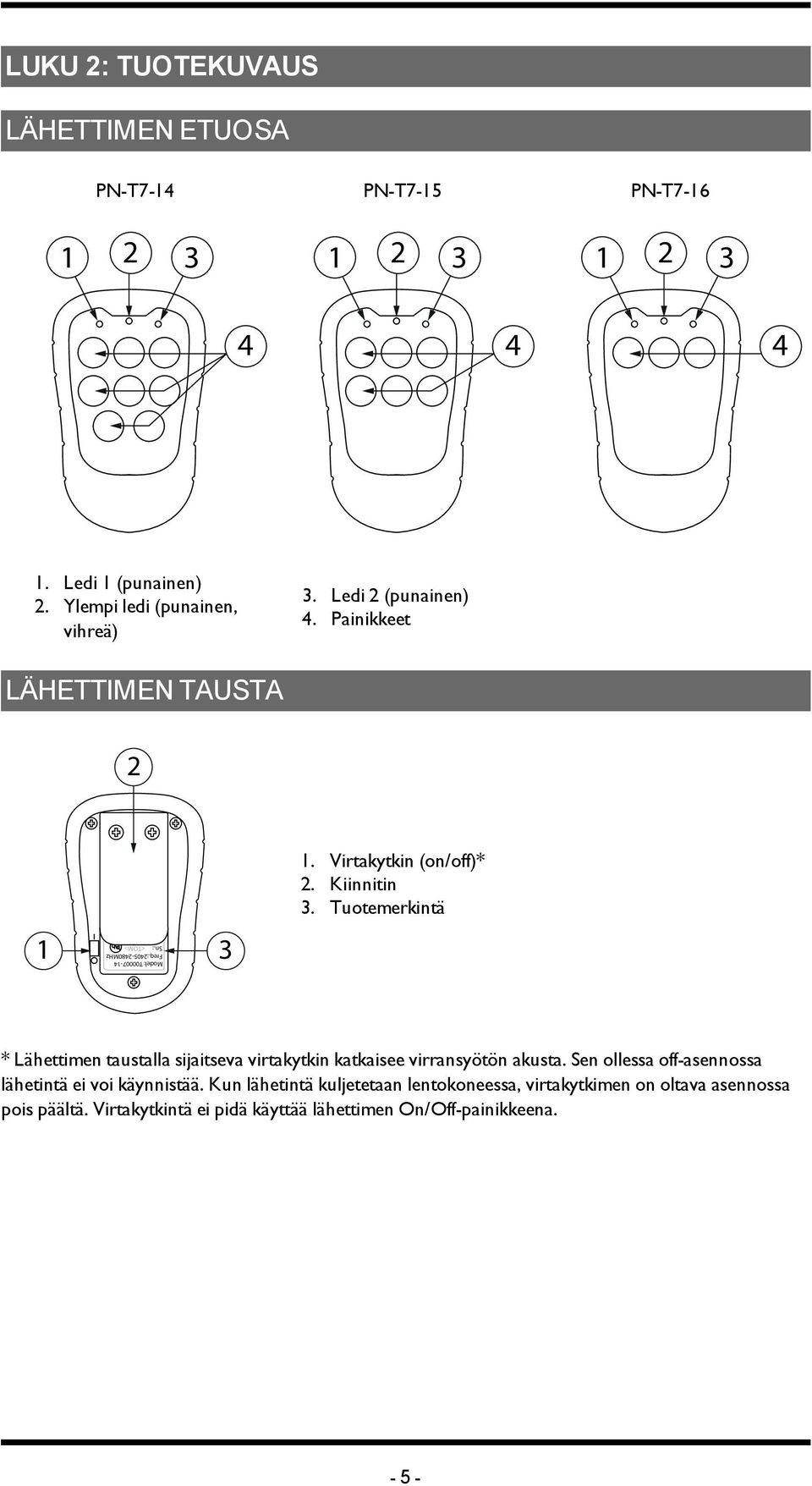 Virtakytkin (on/off)* 2. Kiinnitin 3. Tuotemerkintä * Lähettimen taustalla sijaitseva virtakytkin katkaisee virransyötön akusta.