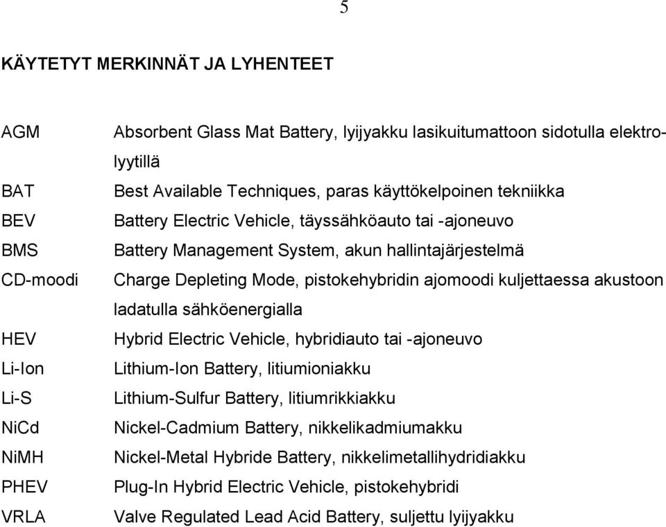 ajomoodi kuljettaessa akustoon ladatulla sähköenergialla Hybrid Electric Vehicle, hybridiauto tai -ajoneuvo Lithium-Ion Battery, litiumioniakku Lithium-Sulfur Battery, litiumrikkiakku