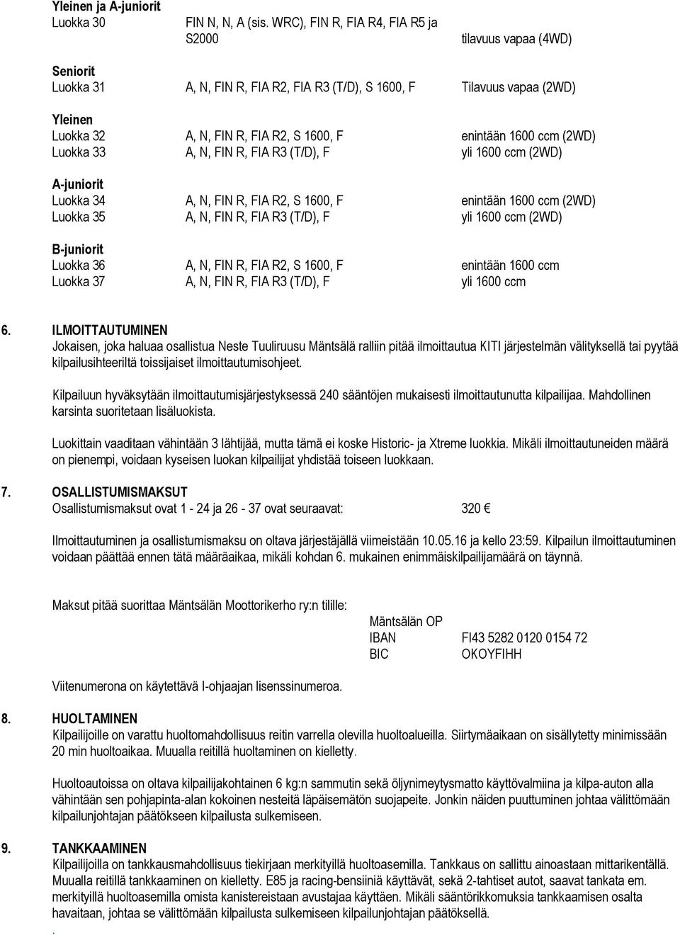 enintään 1600 ccm (2WD) Luokka 33 A, N, FIN R, FIA R3 (T/D), F yli 1600 ccm (2WD) A-juniorit Luokka 34 A, N, FIN R, FIA R2, S 1600, F enintään 1600 ccm (2WD) Luokka 35 A, N, FIN R, FIA R3 (T/D), F