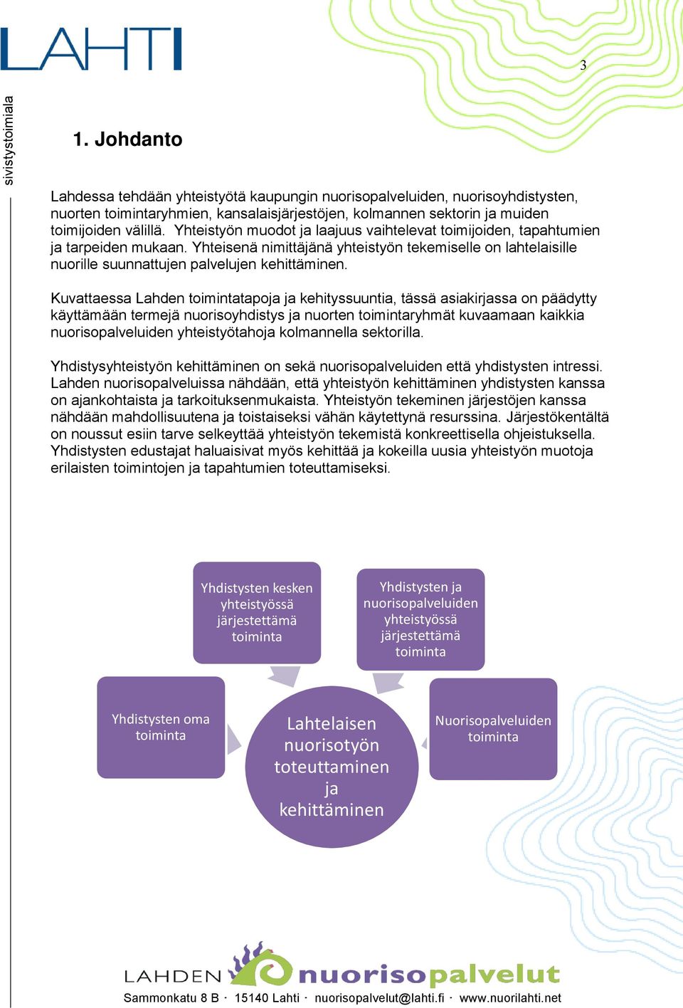 Kuvattaessa Lahden toimintatapoja ja kehityssuuntia, tässä asiakirjassa on päädytty käyttämään termejä nuorisoyhdistys ja nuorten toimintaryhmät kuvaamaan kaikkia nuorisopalveluiden yhteistyötahoja