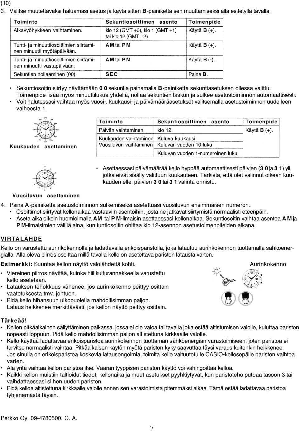 Tunti- ja minuuttiosoittimien siirtämi- A M tai P M Käytä B (-). nen minuutti vastapäivään. Sekuntien nollaaminen (00). S E C Paina B.