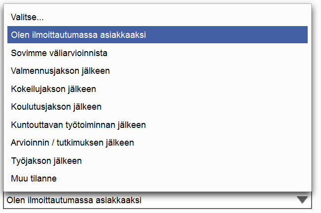 A: 1 1 A: Täytä uusi Työelämätutka Tutka graafi, johon asiakas merkitsee arvionsa tilanteestaan kunkin ulottuvuuden osalta 2 3 Tekstikenttä, johon voi kirjoittaa sellaisen tilanteeseensa vaikuttavan