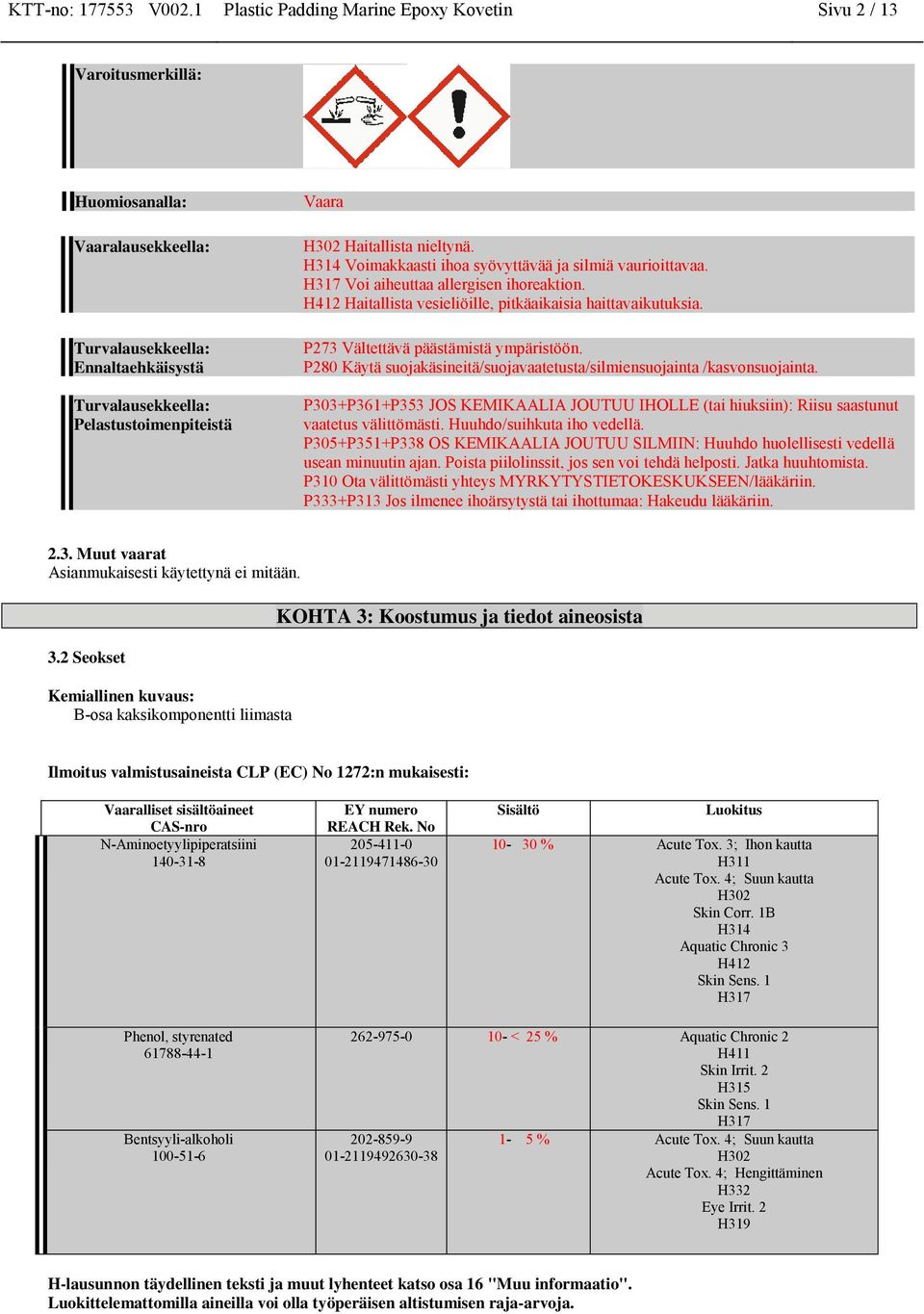 ieltyä. H314 Voimakkaasti ihoa syövyttävää ja silmiä vaurioittavaa. H317 Voi aiheuttaa allergise ihoreaktio. H412 Haitallista vesieliöille, pitkäaikaisia haittavaikutuksia.