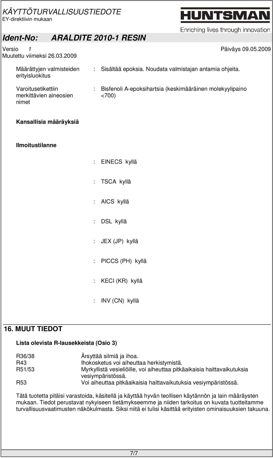 (KR) kyllä : INV (CN) kyllä 16. MUUT TIEDOT Lista olevista R-lausekkeista (Osio 3) R36/38 Ärsyttää silmiä ja ihoa. R43 Ihokosketus voi aiheuttaa herkistymistä.