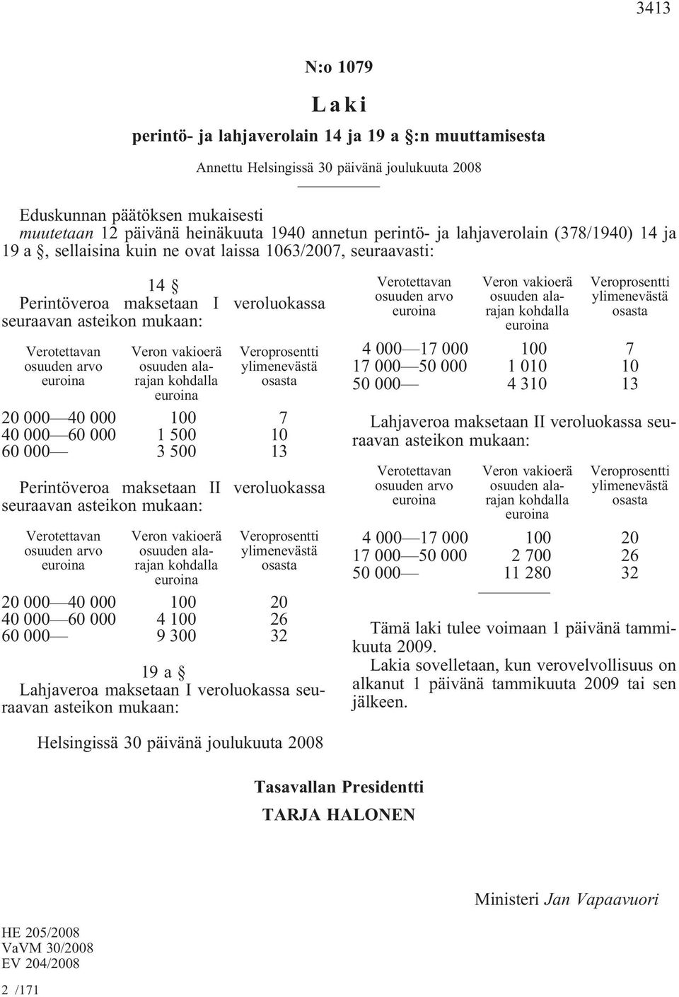 euroina Veron vakioerä osuuden alarajan kohdalla euroina Veroprosentti ylimenevästä osasta 20 000 40 000 100 7 40 000 60 000 1 500 10 60 000 3 500 13 Perintöveroa maksetaan II veroluokassa seuraavan