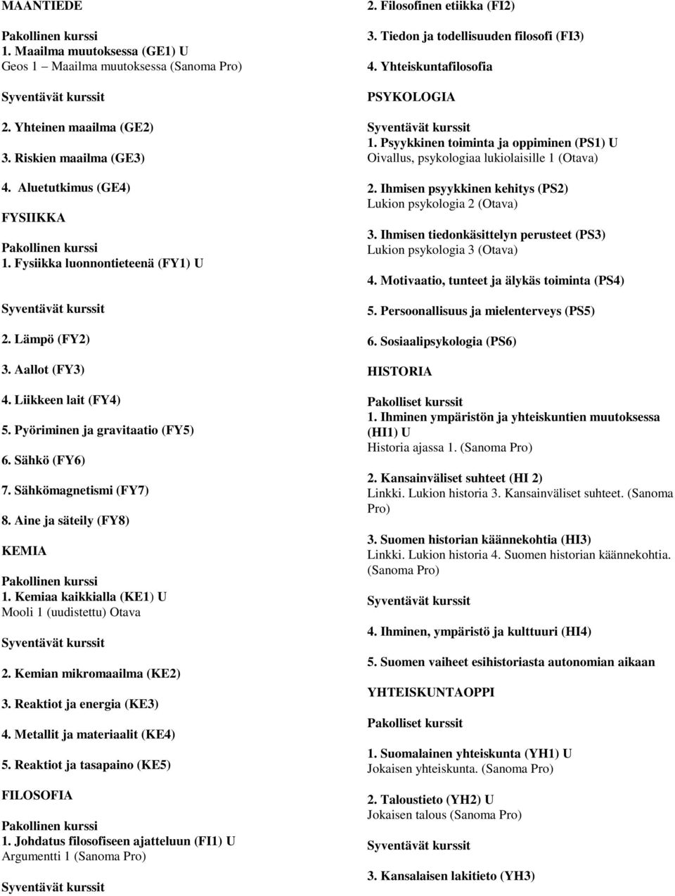 Sähkömagnetismi (FY7) 8. Aine ja säteily (FY8) KEMIA Pakollinen kurssi 1. Kemiaa kaikkialla (KE1) U Mooli 1 (uudistettu) Otava 2. Kemian mikromaailma (KE2) 3. Reaktiot ja energia (KE3) 4.