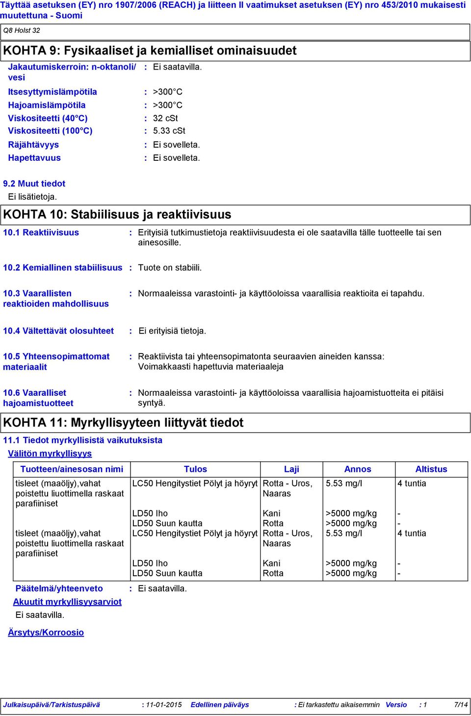 1 Reaktiivisuus Erityisiä tutkimustietoja reaktiivisuudesta ei ole saatavilla tälle tuotteelle tai sen ainesosille. 10.