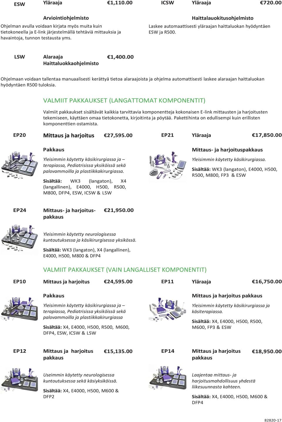 Haittalauokitusohjelmisto Laskee automaattisesti yläraajan haittaluokan hyödyntäen ESW ja R500. LSW Alaraaja Haittaluokkaohjelmisto 1,400.