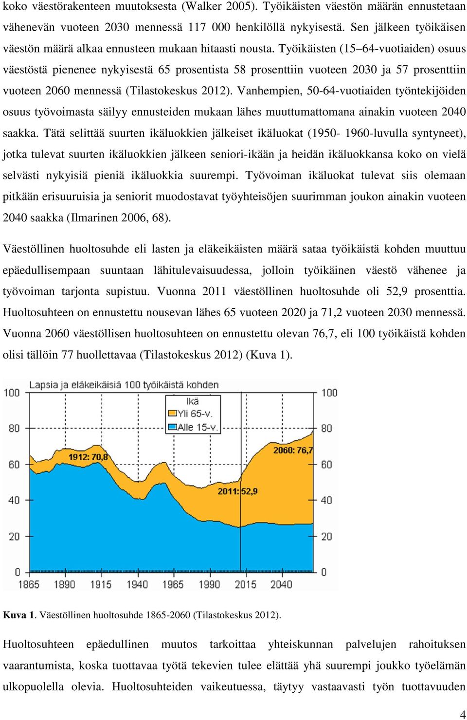 Työikäisten (15 64-vuotiaiden) osuus väestöstä pienenee nykyisestä 65 prosentista 58 prosenttiin vuoteen 2030 ja 57 prosenttiin vuoteen 2060 mennessä (Tilastokeskus 2012).