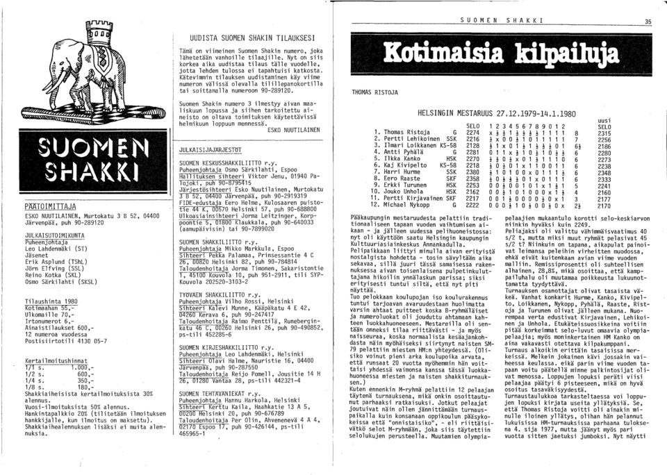 600,- 1/4 s. 350,- 1/8 s. 180,- Shakkiaiheisista kertailmoituksista 30% alennus. Vuosi-ilmoituksista 50% alennus. Hankintapalkkio 20% (tilitetään ilmoituksen hankkijalle, kun ilmoitus on maksettu).