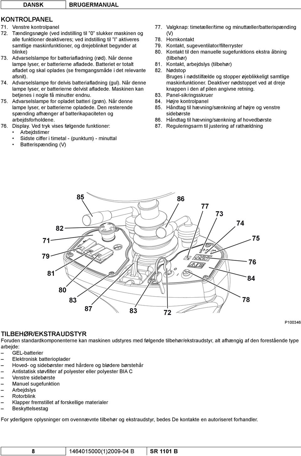 Advarselslampe for batteriafl adning (rød). Når denne lampe lyser, er batterierne afl adede. Batteriet er totalt afl adet og skal oplades (se fremgangsmåde i det relevante afsnit). 74.