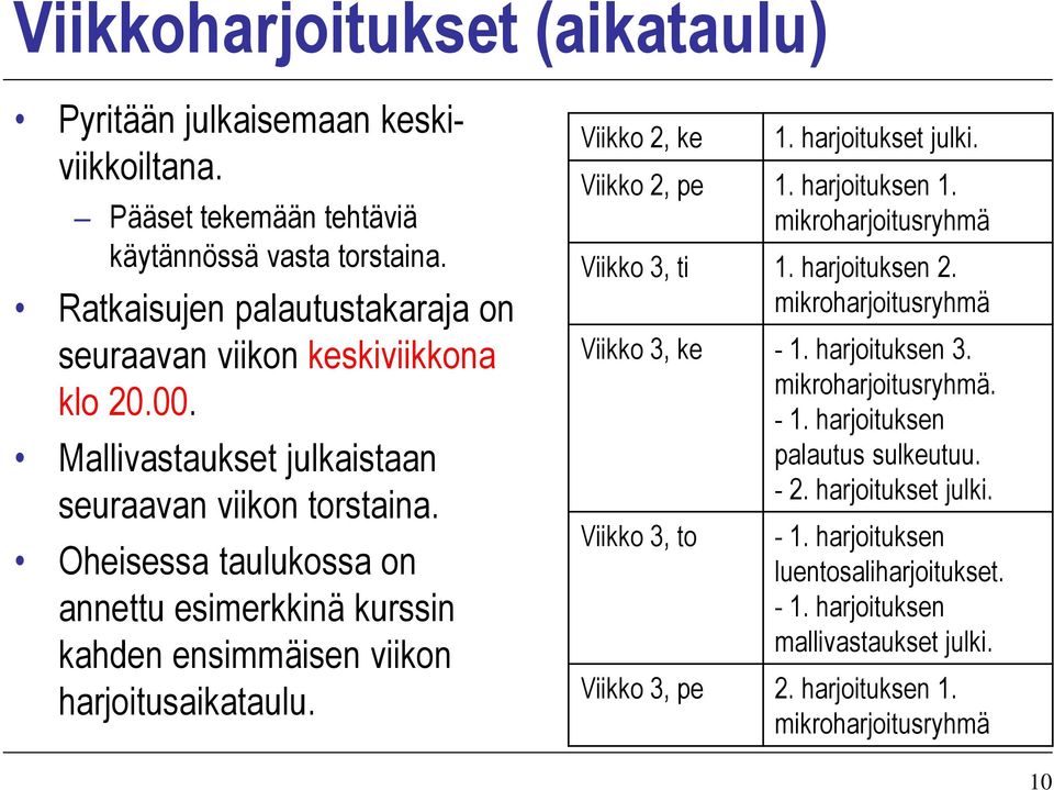 Oheisessa taulukossa on annettu esimerkkinä kurssin kahden ensimmäisen viikon harjoitusaikataulu. Viikko 2, ke 1. harjoitukset julki. Viikko 2, pe 1. harjoituksen 1.