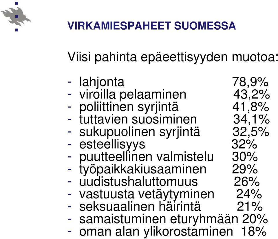 esteellisyys 32% - puutteellinen valmistelu 30% - työpaikkakiusaaminen 29% - uudistushaluttomuus 26% -