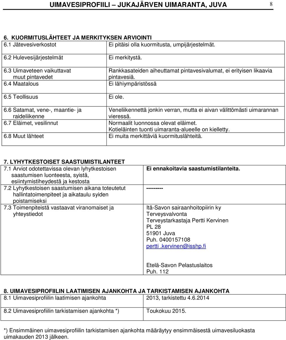 4 Maatalous Ei lähiympäristössä 6.5 Teollisuus Ei ole. 6.6 Satamat, vene-, maantie- ja Veneliikennettä jonkin verran, mutta ei aivan välittömästi uimarannan raideliikenne vieressä. 6.7 Eläimet, vesilinnut Normaalit luonnossa olevat eläimet.