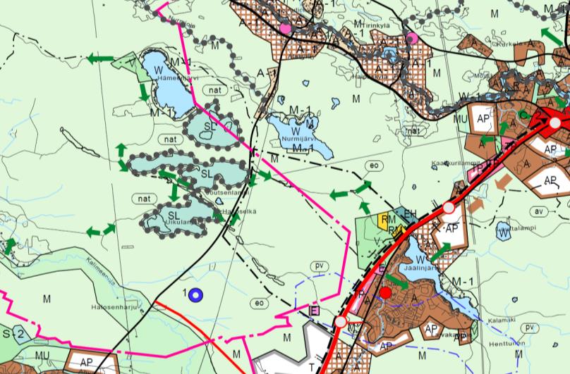 asutusta. Lisärakentaminen ratkaistaan oikeusvaikutteisella yleis- tai asemakaavalla. Alueelle kohdistuu myös vihreiden nuolien osoittamia viheryhteystarpeita. Ote Oulun seudun yleiskaavasta 2020.