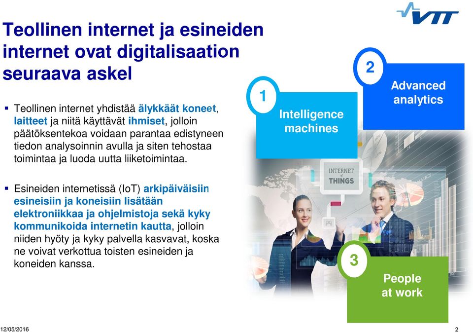 1 Intelligence machines 2 Advanced analytics Esineiden internetissä (IoT) arkipäiväisiin esineisiin ja koneisiin lisätään elektroniikkaa ja ohjelmistoja sekä