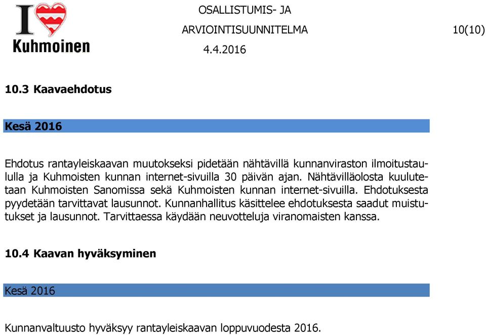 internet-sivuilla 30 päivän ajan. Nähtävilläolosta kuulutetaan Kuhmoisten Sanomissa sekä Kuhmoisten kunnan internet-sivuilla.