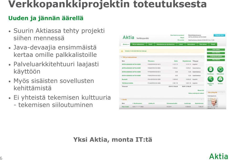 Palveluarkkitehtuuri laajasti käyttöön Myös sisäisten sovellusten kehittämistä Ei