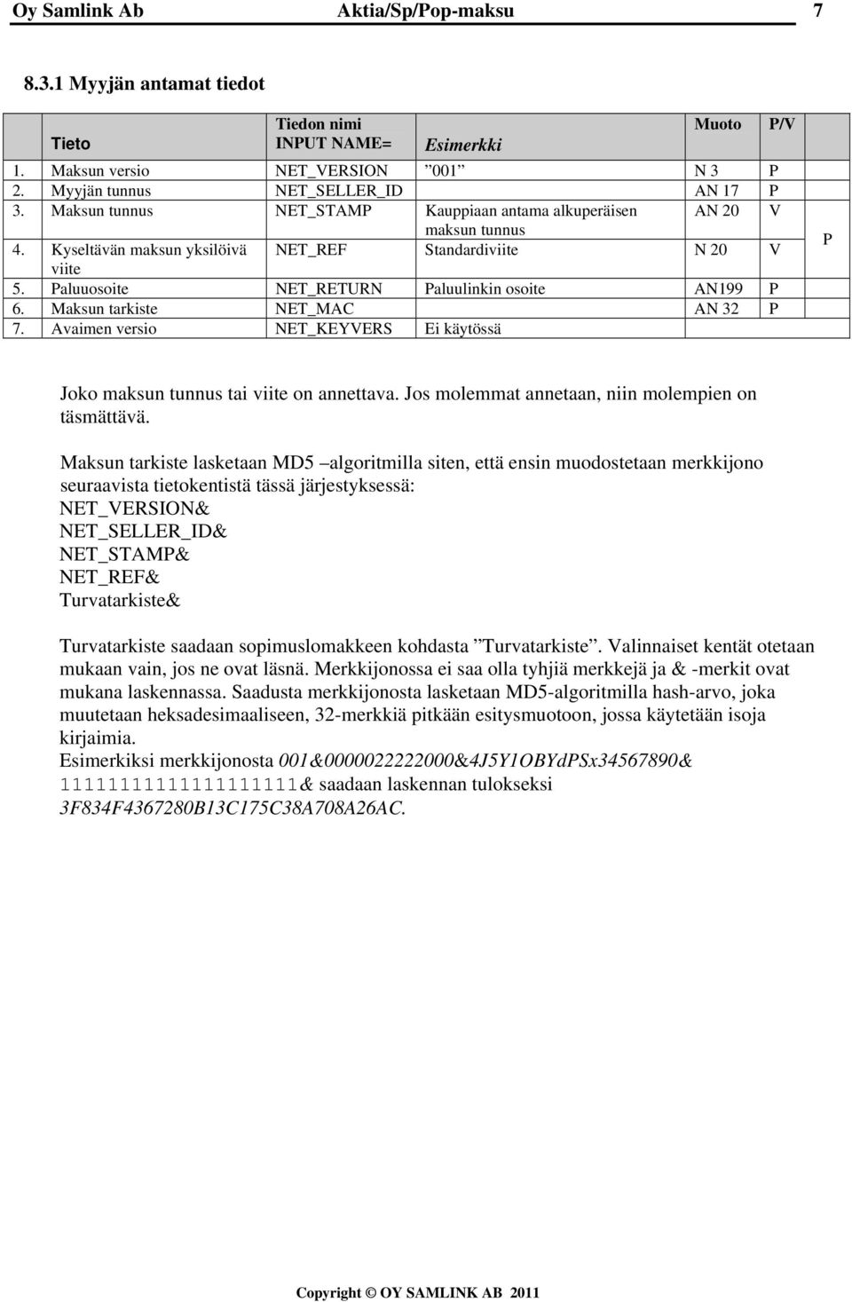 Maksun tarkiste NET_MAC AN 32 P 7. Avaimen versio NET_KEYVERS Ei käytössä P Joko maksun tunnus tai viite on annettava. Jos molemmat annetaan, niin molempien on täsmättävä.