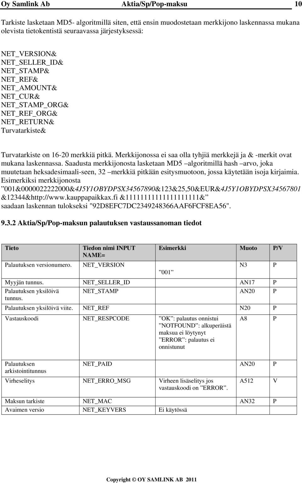 Saadusta merkkijonosta lasketaan MD5 algoritmillä hash arvo, joka muutetaan heksadesimaali-seen, 32 merkkiä pitkään esitysmuotoon, jossa käytetään isoja kirjaimia.