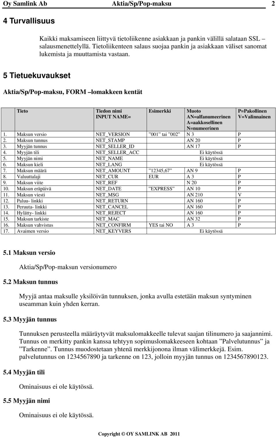 5 Tietuekuvaukset, FORM lomakkeen kentät Tieto Tiedon nimi INPUT NAME= Esimerkki Muoto AN=alfanumeerinen A=aakkosellinen N=numeerinen 1. Maksun versio NET_VERSION 001 tai 002 N 3 P 2.