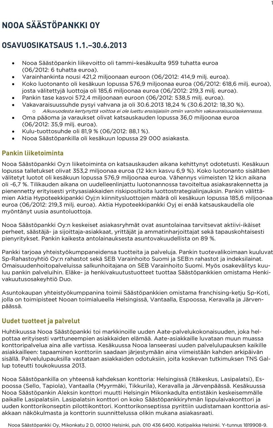 euroa), josta välitettyjä luottoja oli 185,6 miljoonaa euroa (06/2012: 219,3 milj. euroa). Pankin tase kasvoi 572,4 miljoonaan euroon (06/2012: 538,5 milj. euroa). Vakavaraisuussuhde pysyi vahvana ja oli 30.