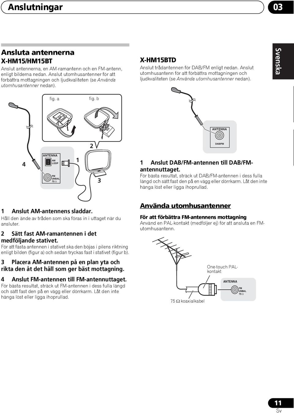 b 2 3 X-HM15BTD Anslut trådantennen för DAB/FM enligt nedan. Anslut utomhusantenn för att förbättra mottagningen och ljudkvaliteten (se Använda utomhusantenner nedan).