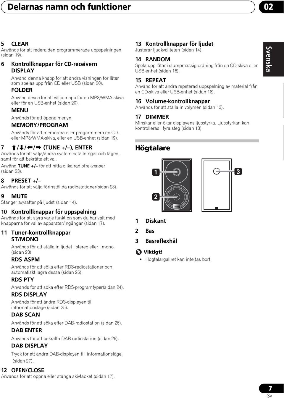 FOLDER Använd dessa för att välja mapp för en MP3/WMA-skiva eller för en USB-enhet (sidan 20). MENU Används för att öppna menyn.