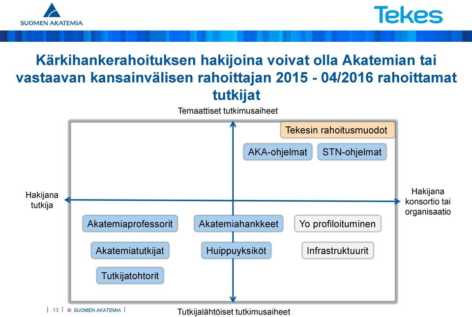 STN-ohjelmat Hakijana tutkija Akatemiaprofessorit Akatemiahankkeet Yo profiloituminen Hakijana