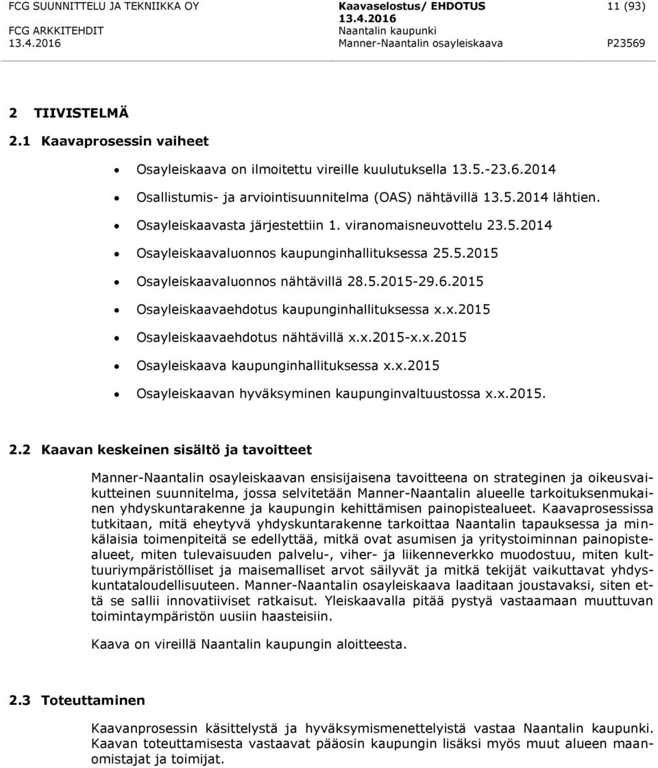 2015 Osayleiskaavaehdotus kaupunginhallituksessa x.x.2015 Osayleiskaavaehdotus nähtävillä x.x.2015-x.x.2015 Osayleiskaava kaupunginhallituksessa x.x.2015 Osayleiskaavan hyväksyminen kaupunginvaltuustossa x.